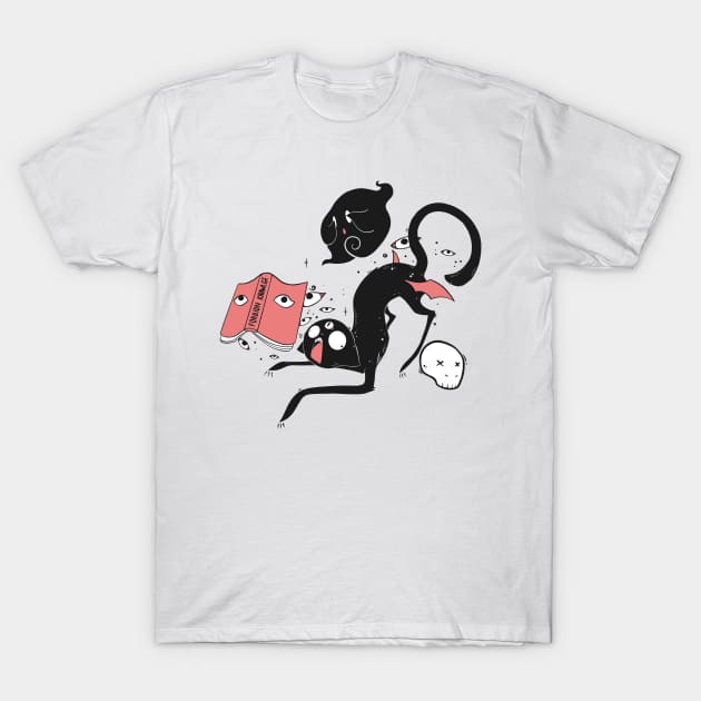Funny Cute Black Cat With Witch Book T-Shirt by cellsdividing